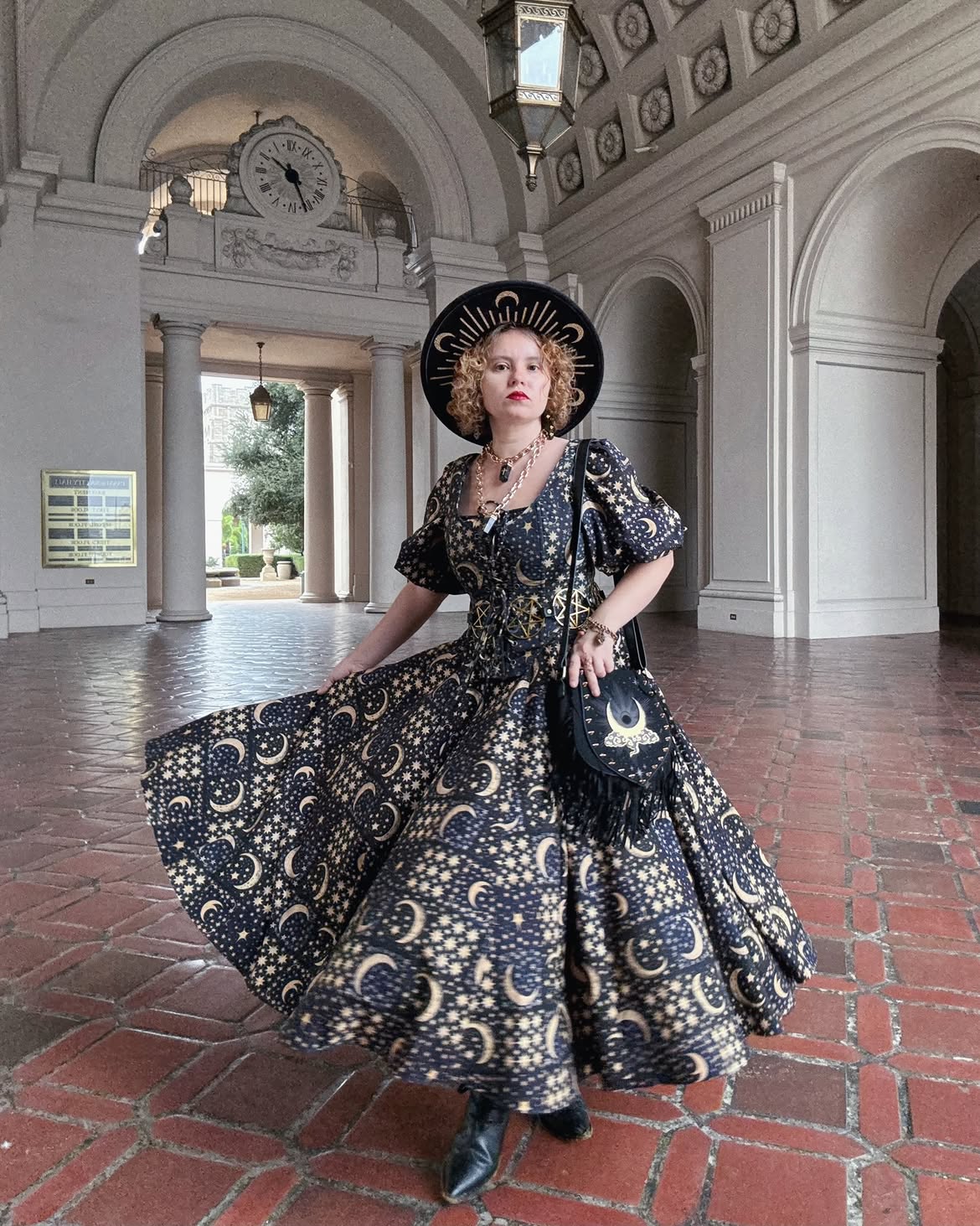 Celestial Print Maxi Dress With Witchy Hat