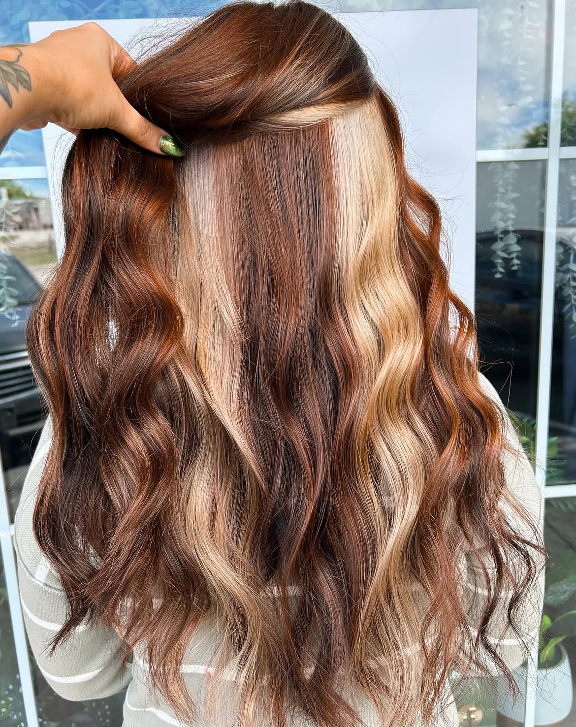 Chestnut Balayage With Bold Blonde Peekaboo