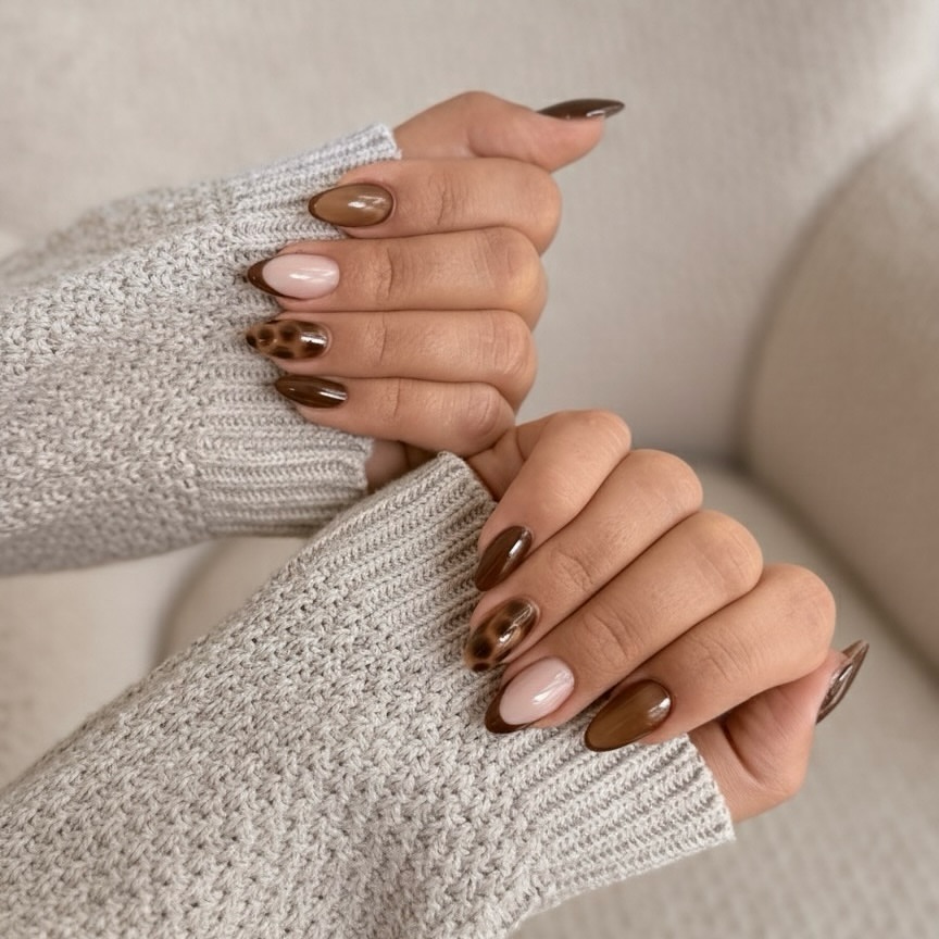 Chocolate Leopard Print Almond French Tips
