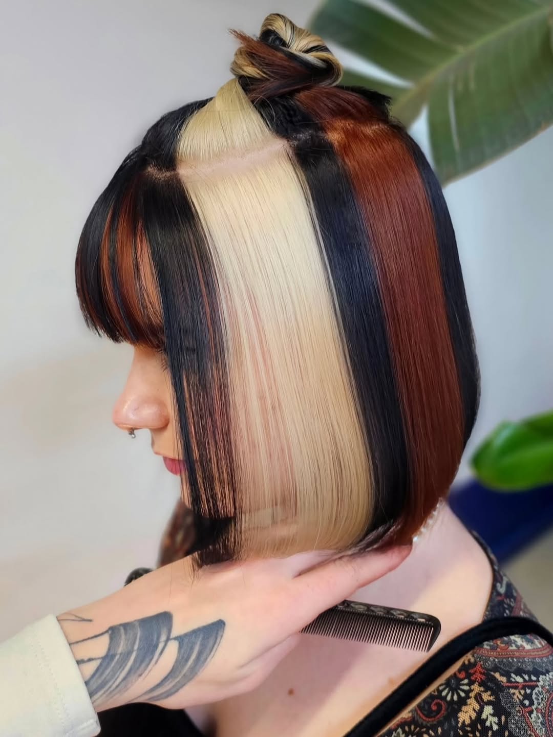 Chunky Block Color Bob With Trendy Top Knot