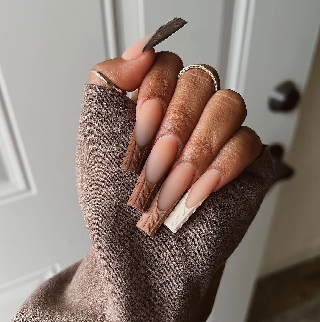 Chunky Knit Fall French Tip Coffin Nails