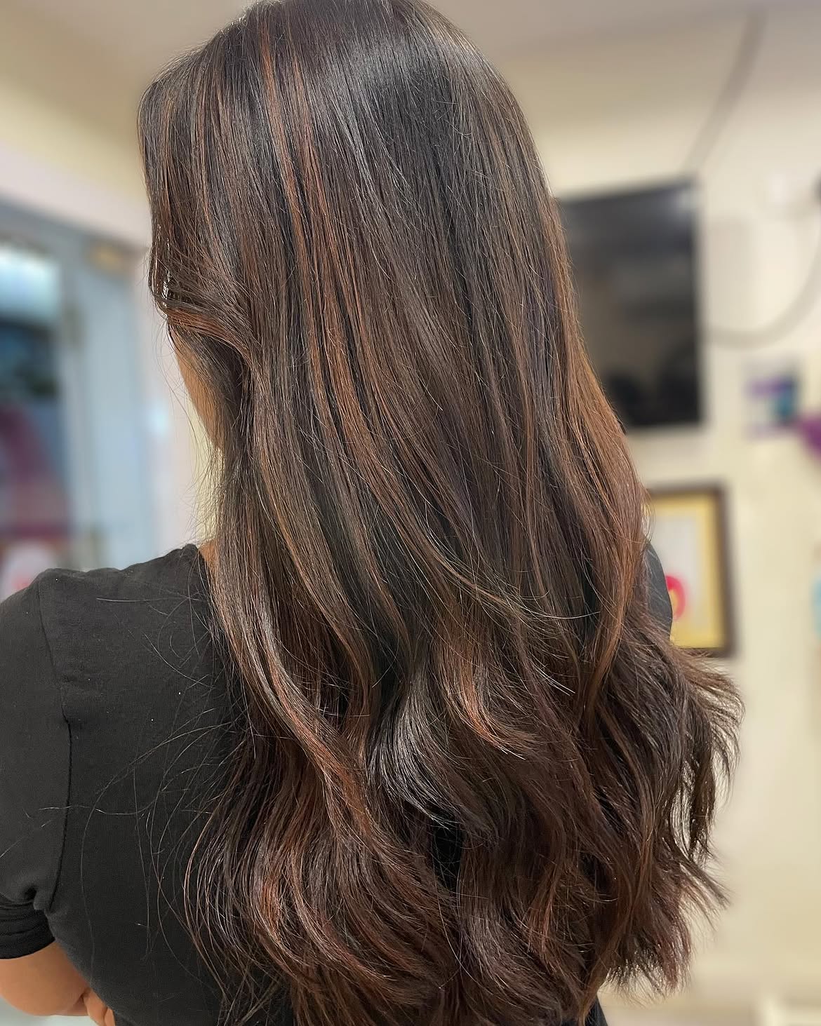 Cinnamon Balayage On Dark Brown Waves