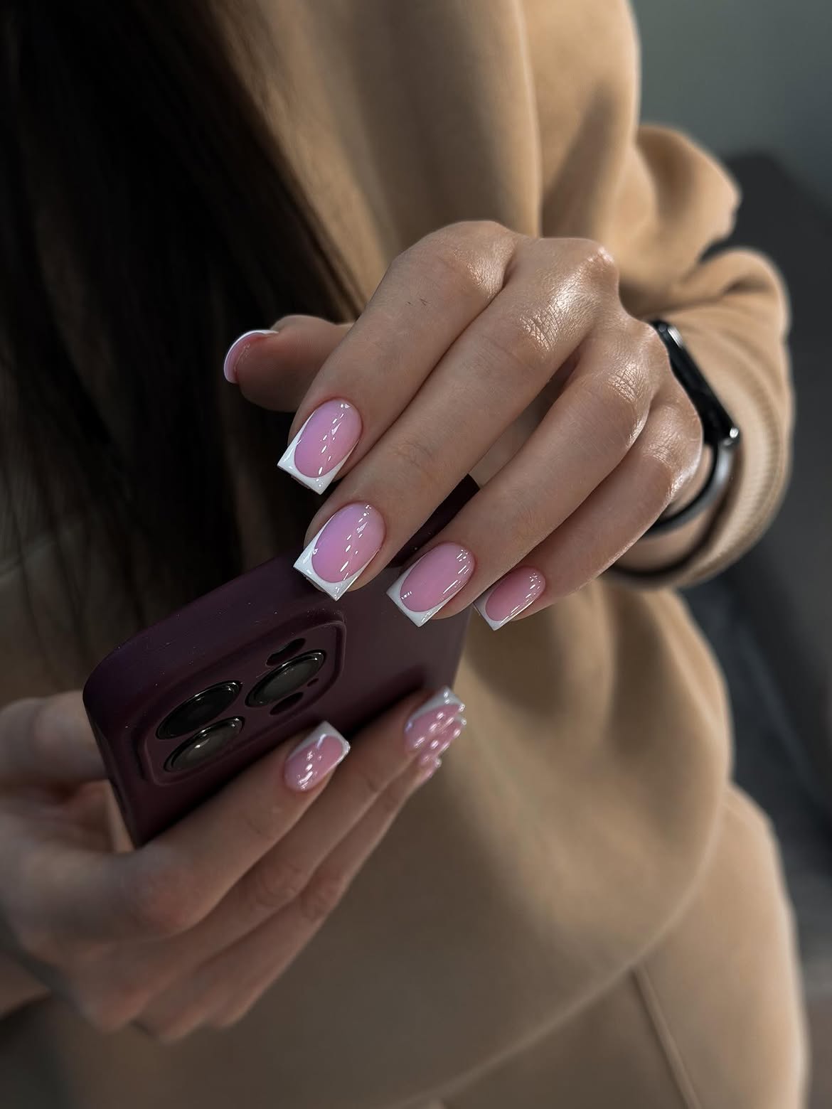 Classic Pink French Tip Almond Nails