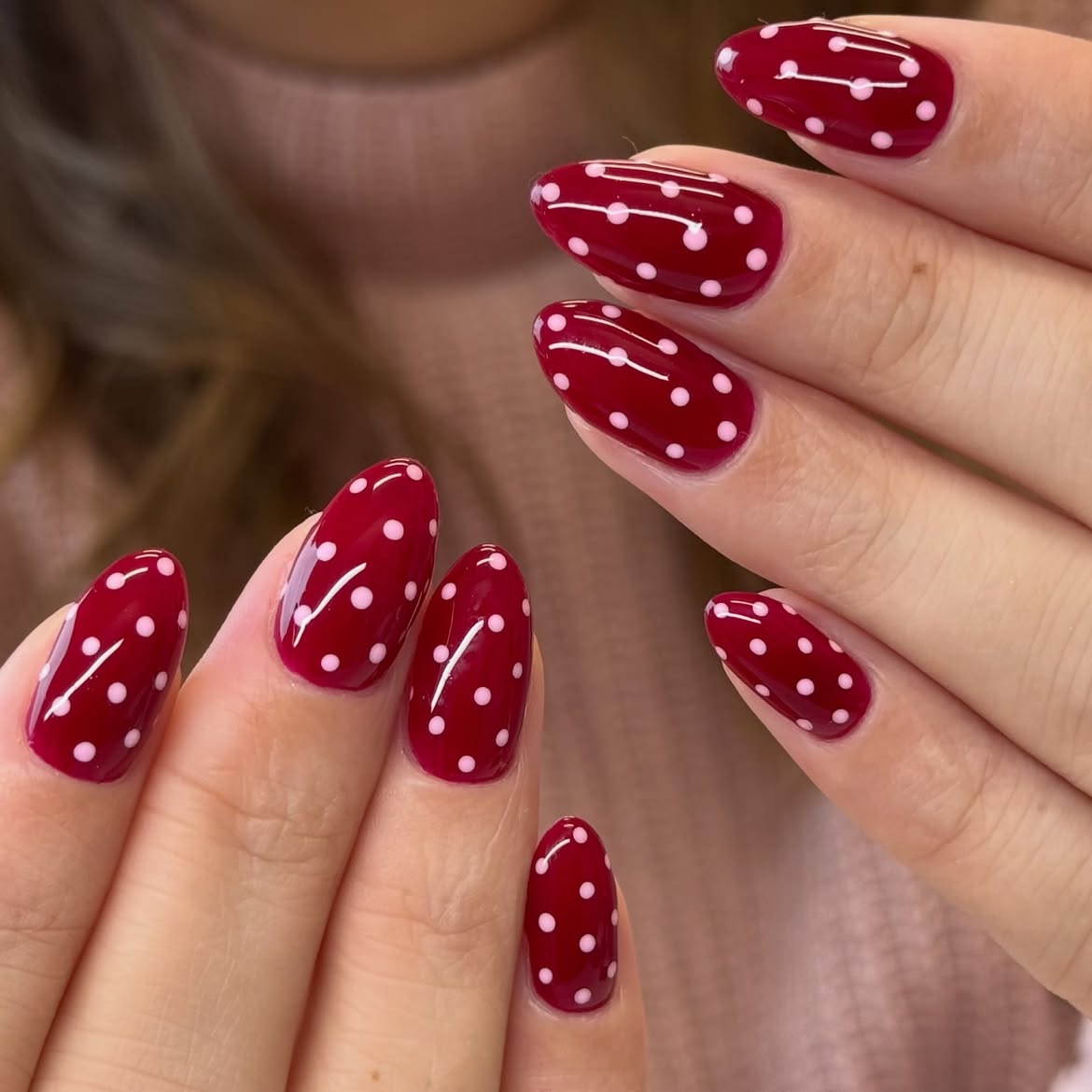 Classic Red & White Polka Dot Almond Nails
