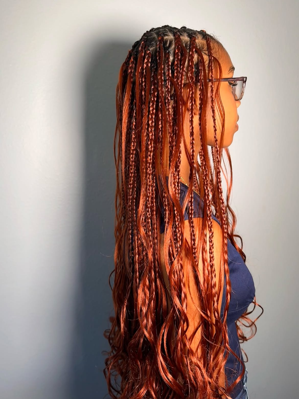 Copper Auburn Box Braids With Curly Ends