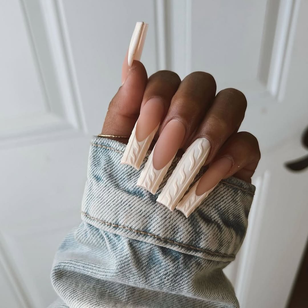 Cozy Cable Knit French Tip Coffin Nails