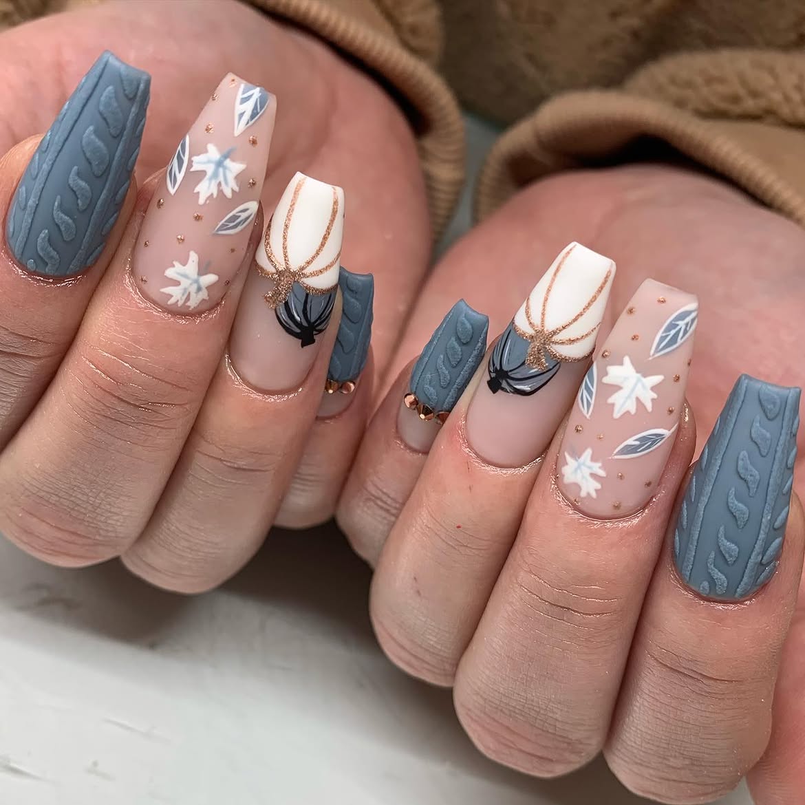 Cozy Cable Knit Sweater French Tips and Autumn Leaves