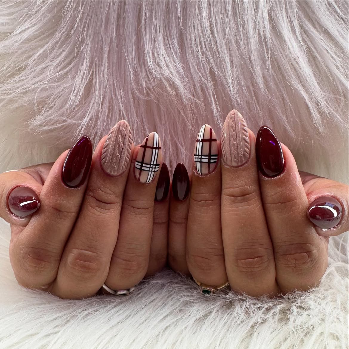 Cozy Plaid & Cable Knit Almond Nails