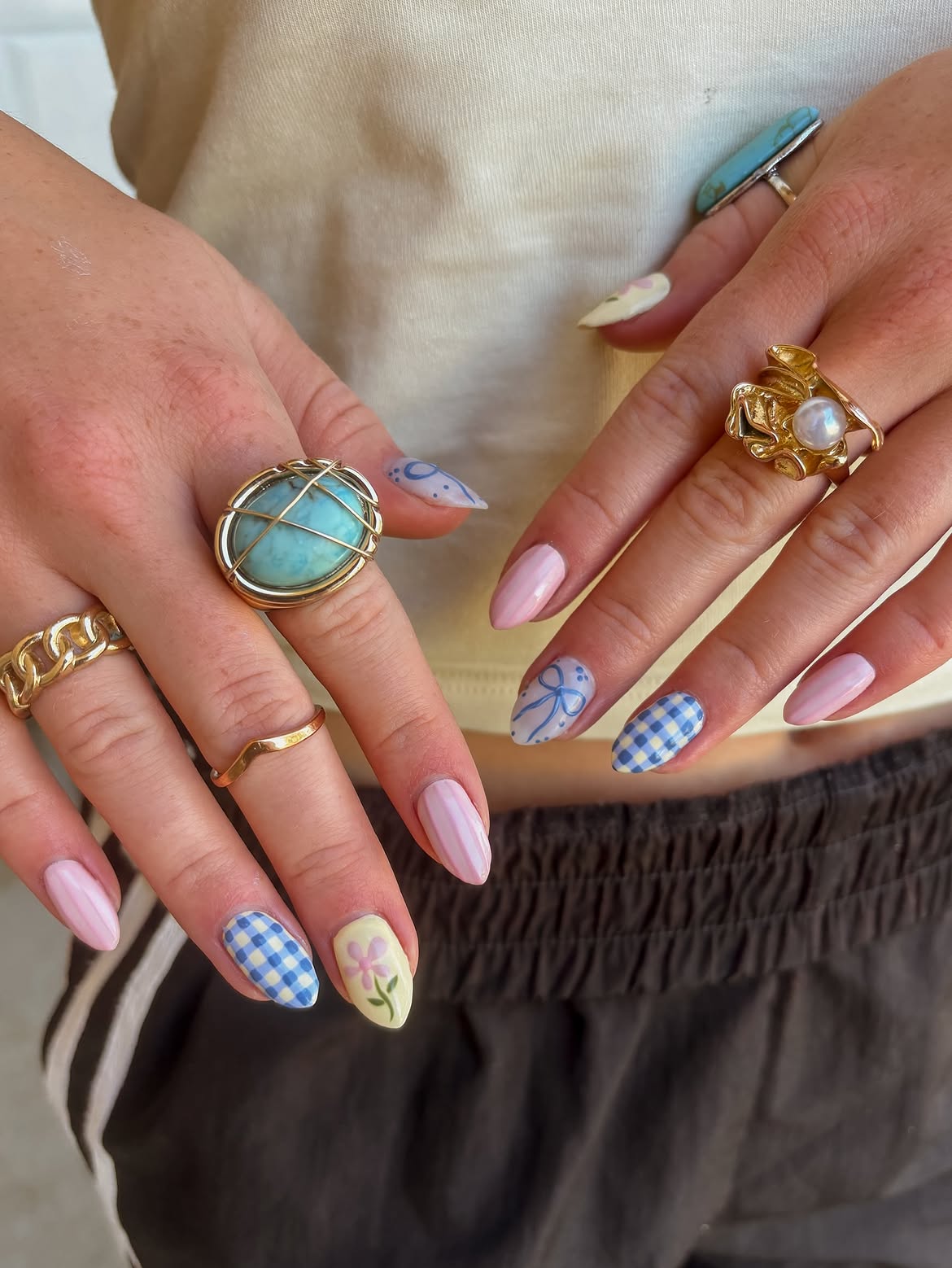 Dainty Bows and Gingham Schoolgirl Almond Nails