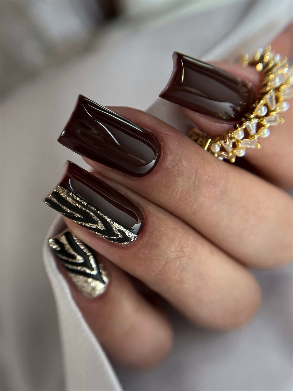 Dark Chocolate Zebra Print Square Nails