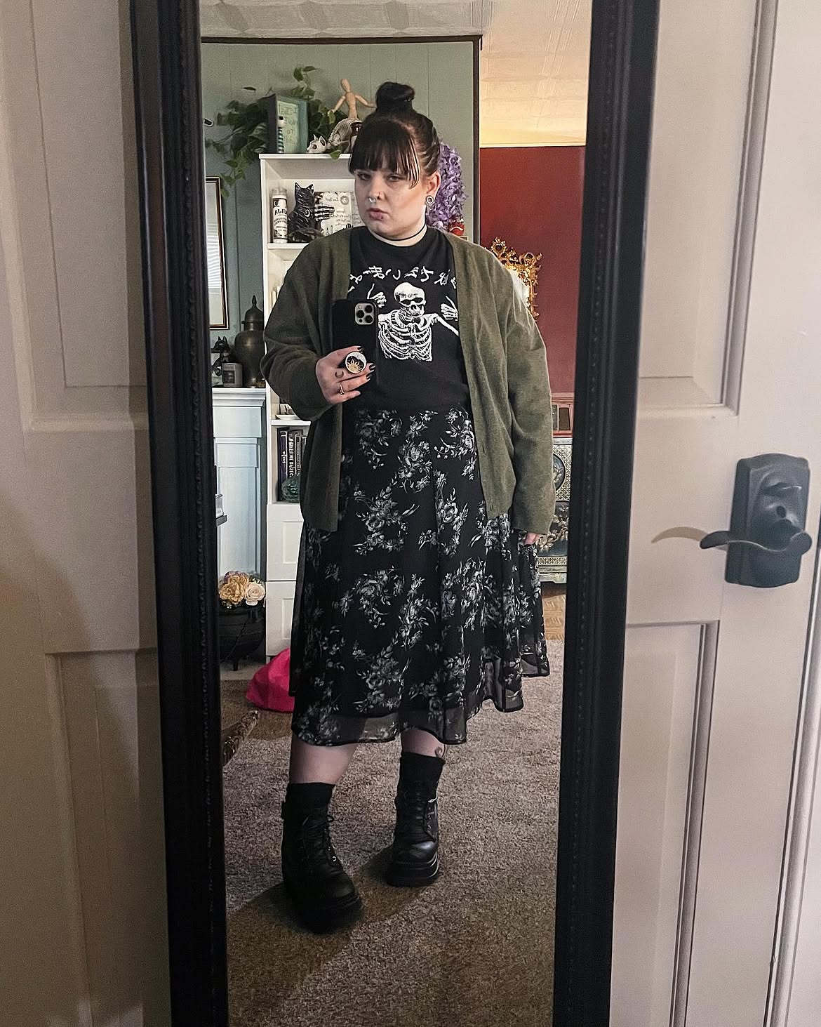 Dark Floral Midi Dress With Chunky Boots