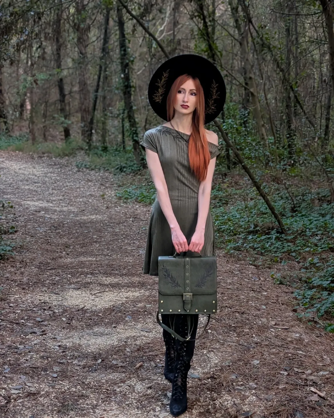 Dark Forest Witch Style With Olive Dress And Boots