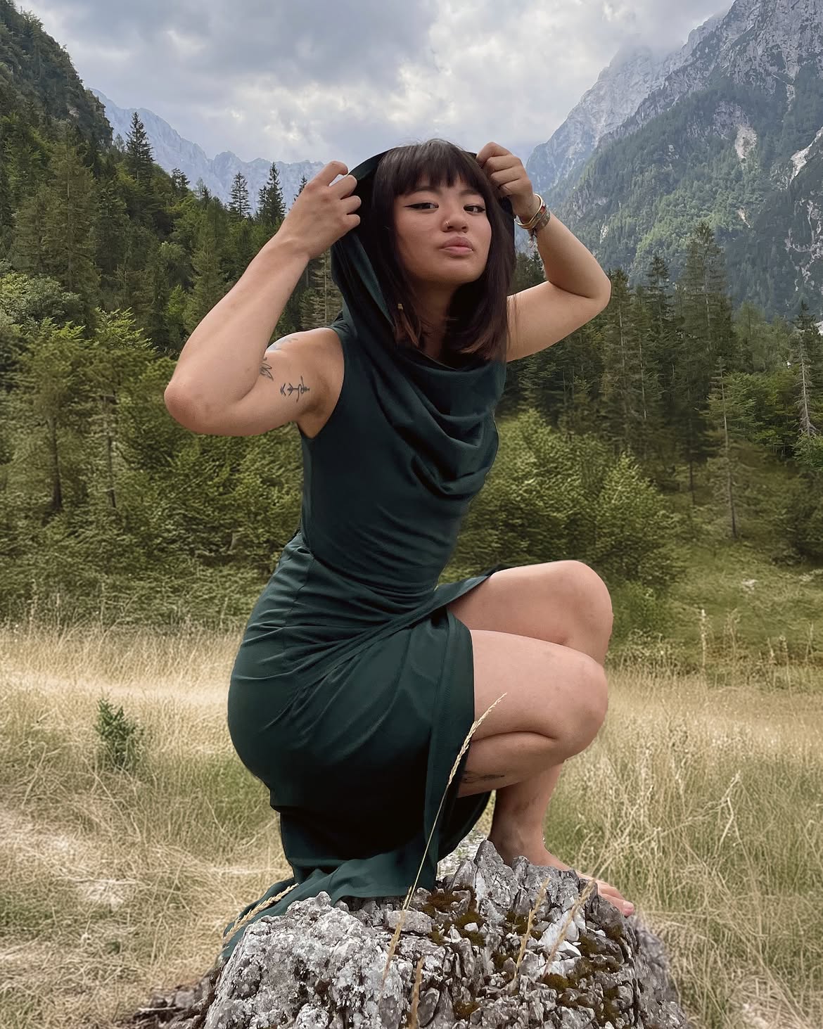 Dark Green Cowl Neck Hooded Dress