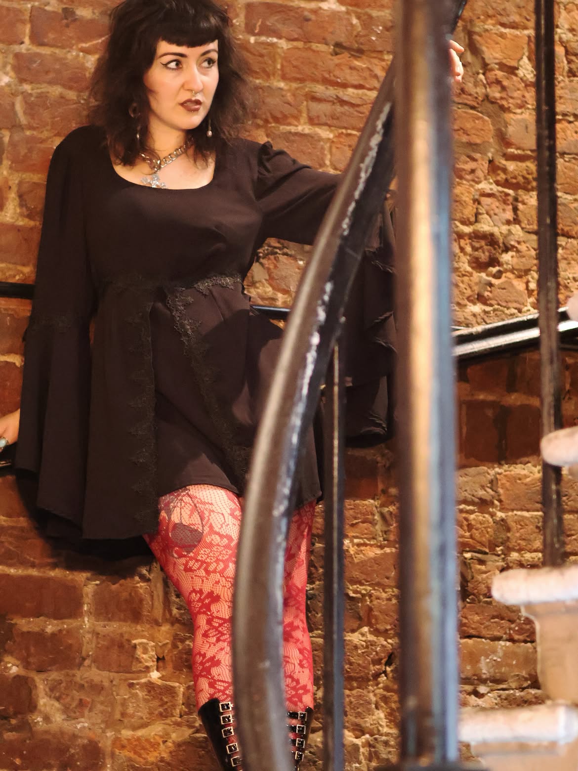 Dark Romance Bell Sleeve Dress With Red Lace Tights