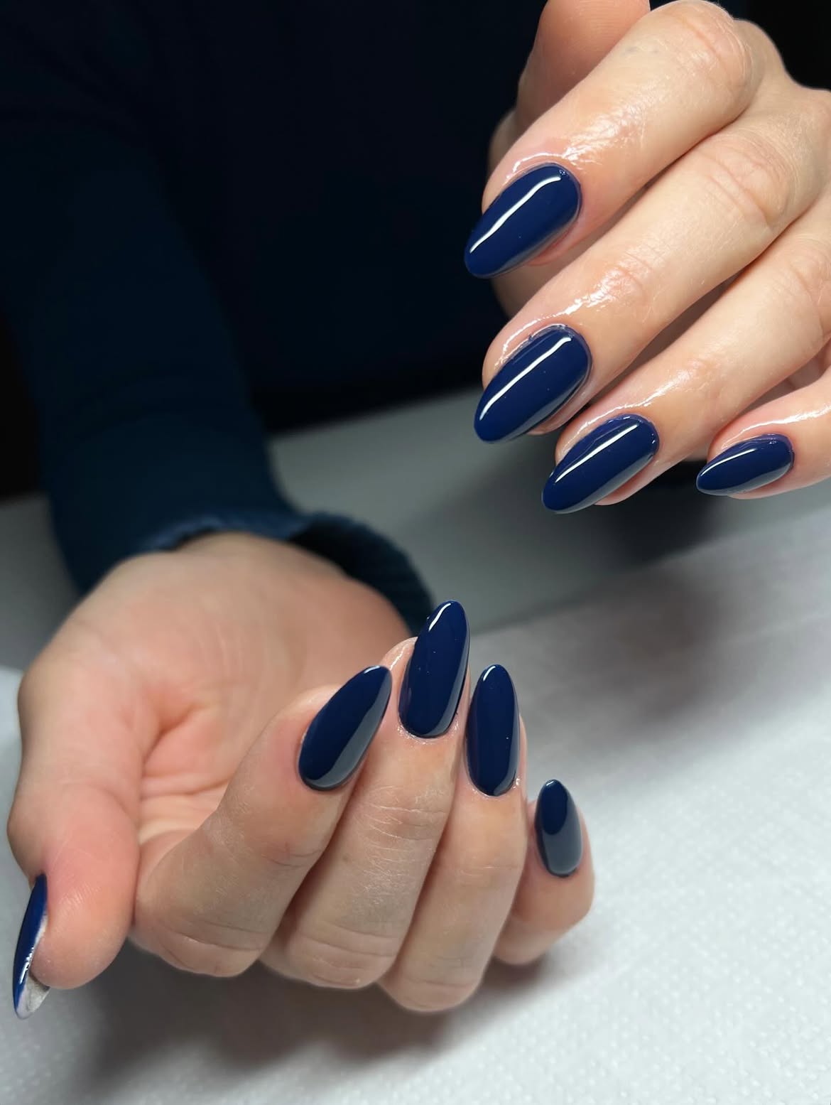 Deep Blue Glossy Almond Nails