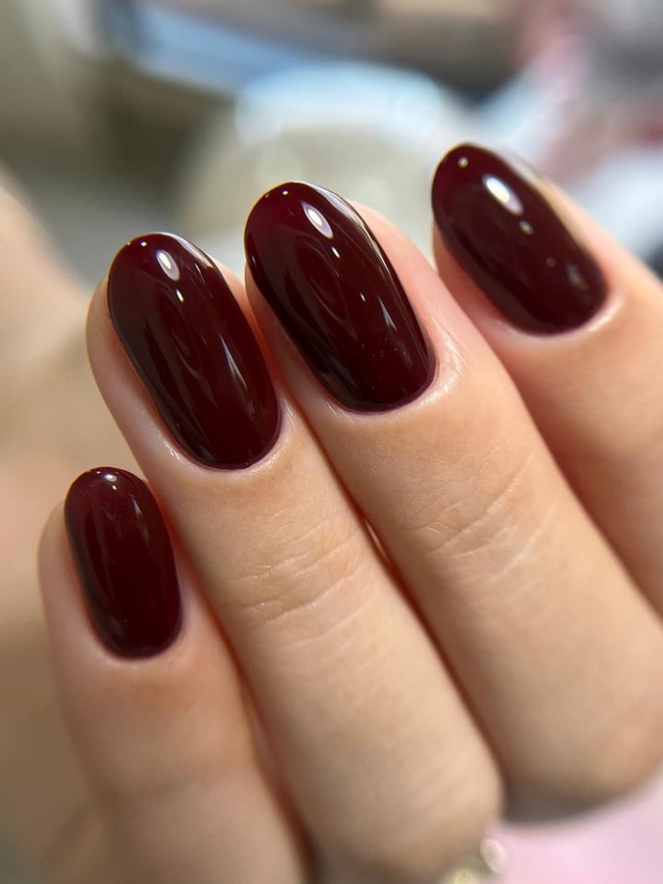 Deep Burgundy Glossy Oval Nails