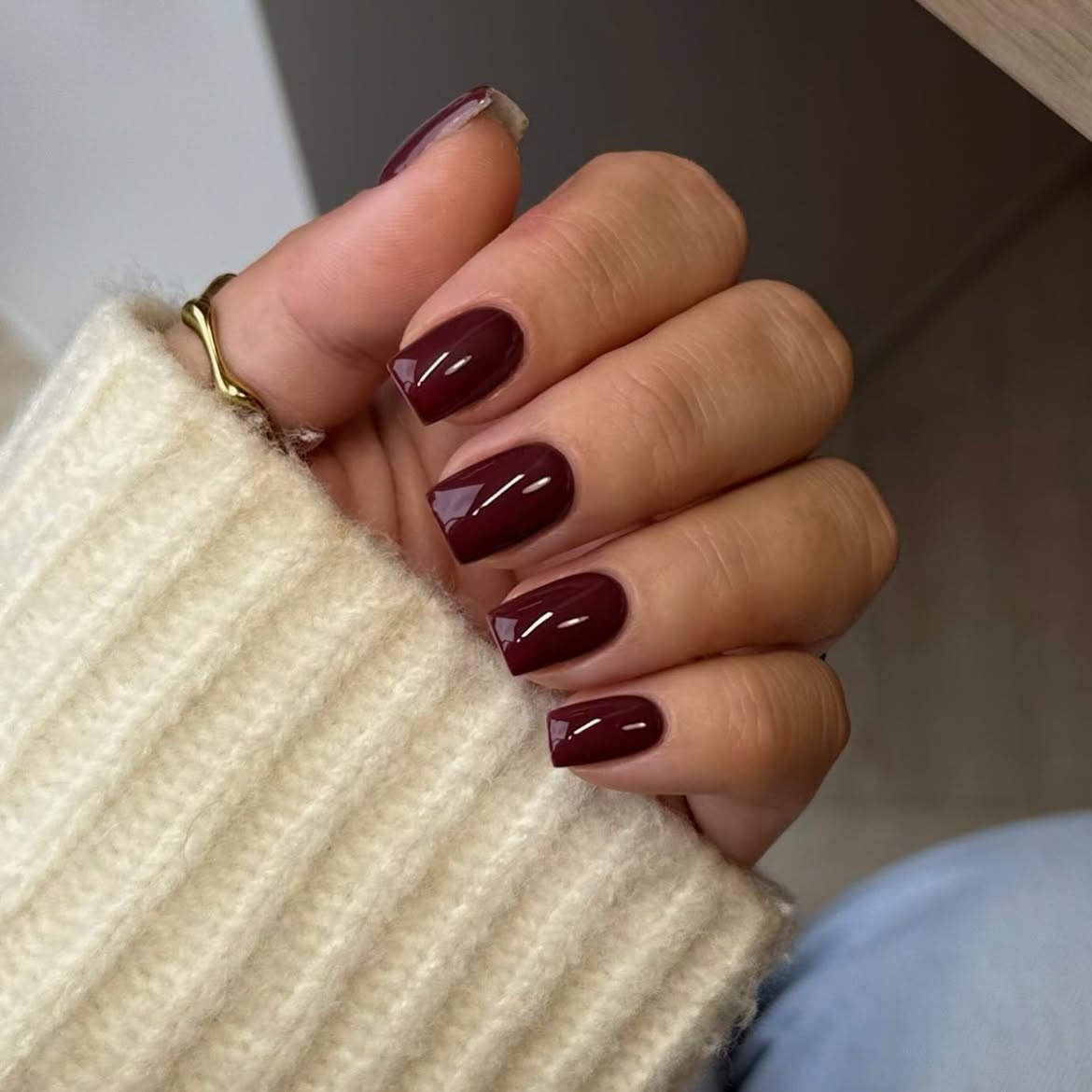 Deep Burgundy High Gloss Short Squoval Nails