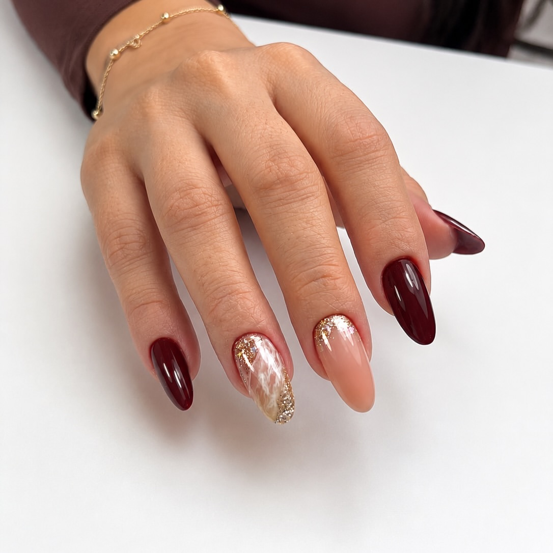 Deep Burgundy Marble and Glitter Almond Nails