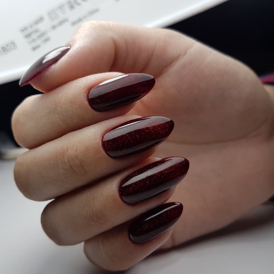 Deep Burgundy Shimmer Oval Nails