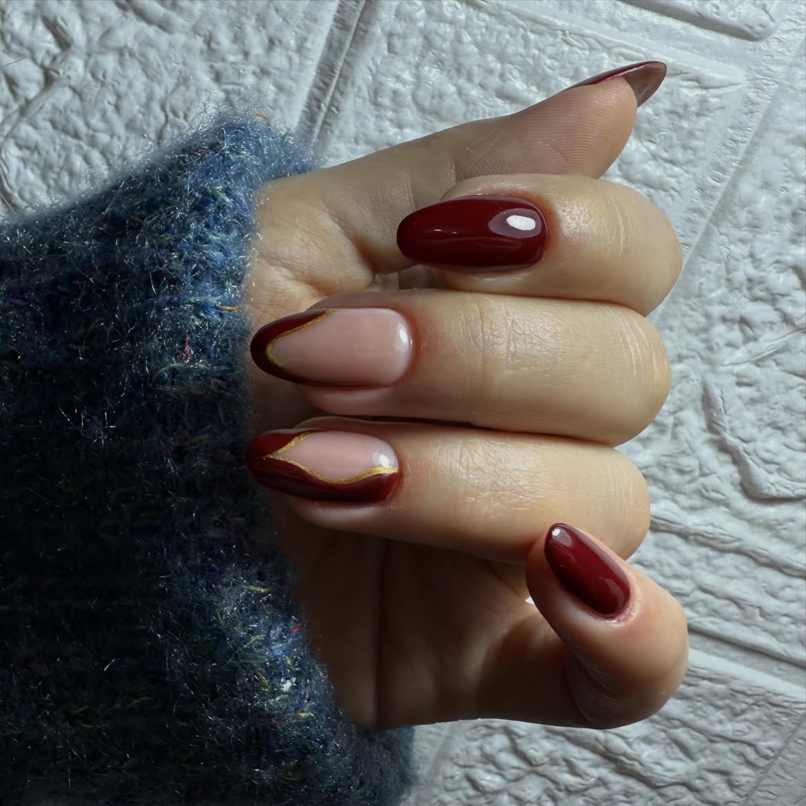 Deep Burgundy Swirl Almond French Nails