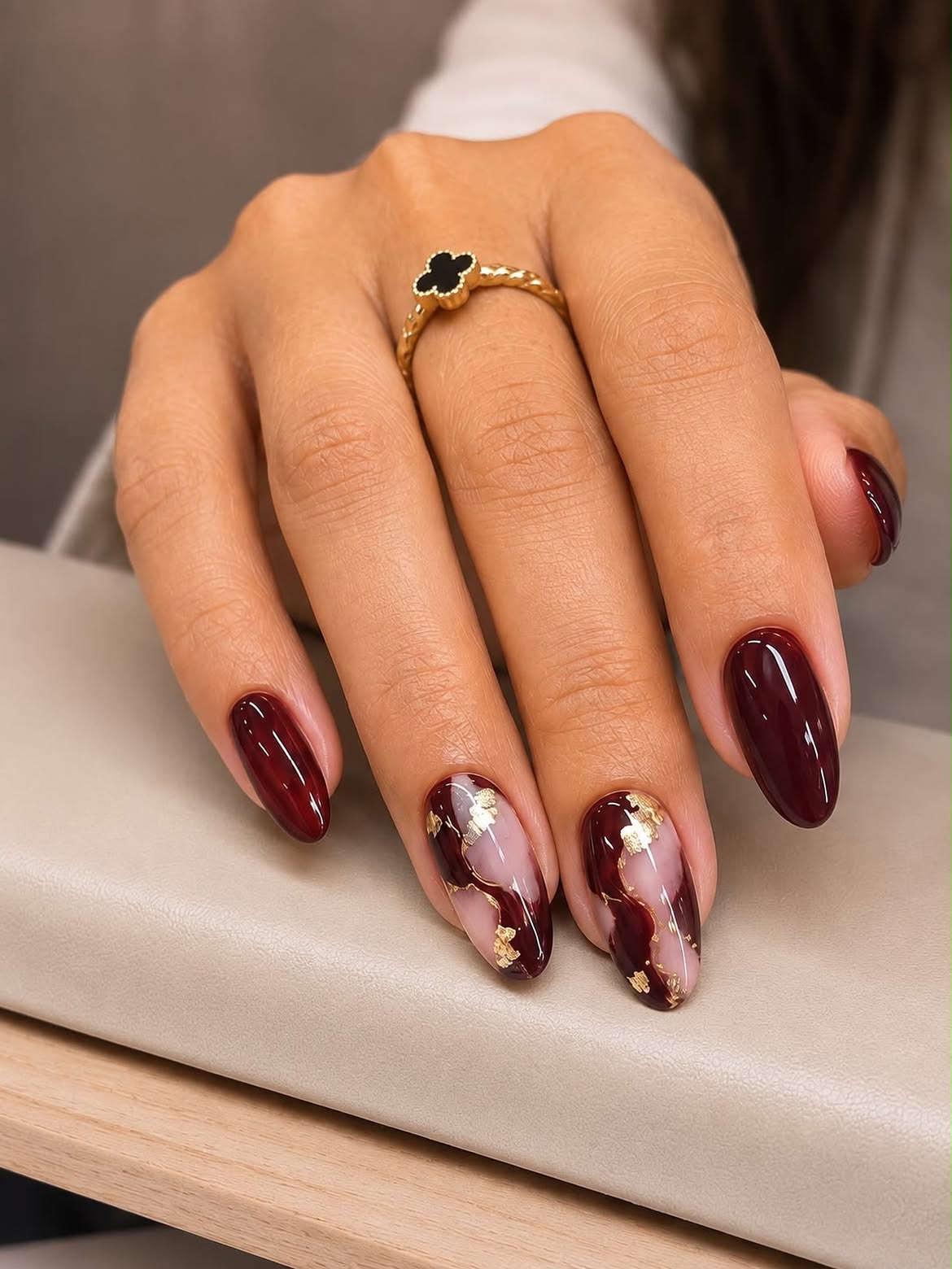 Deep Burgundy Swirls with Gold Leaf Accent