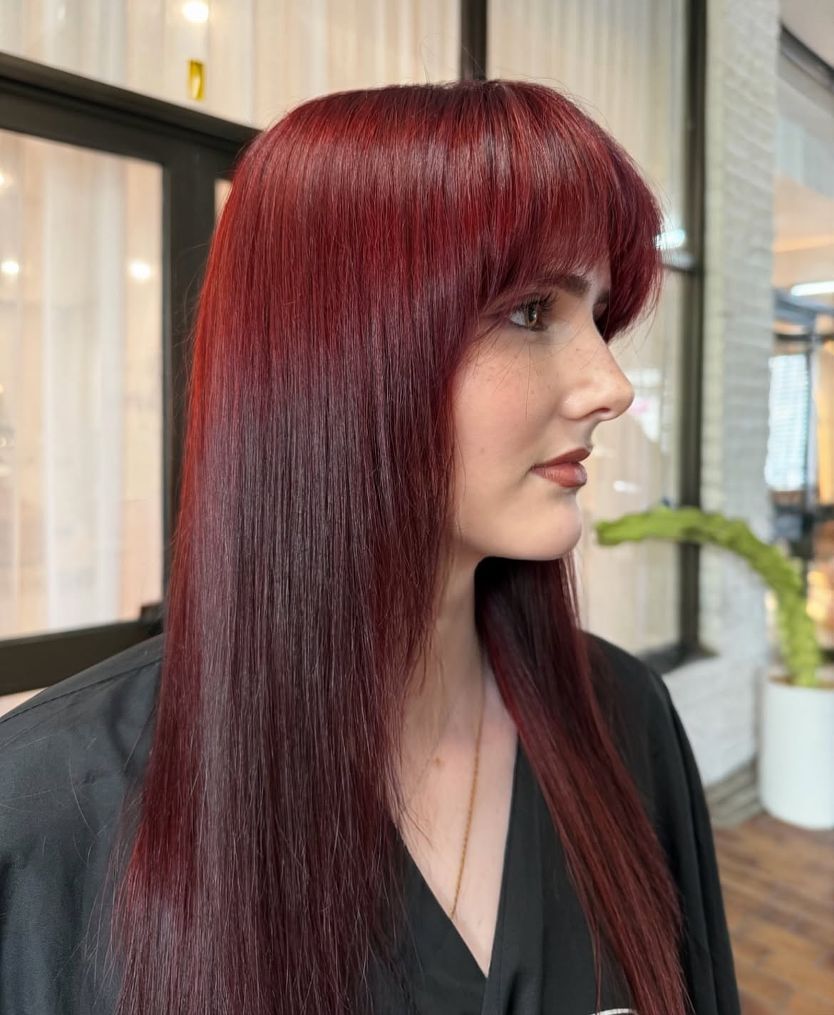 Deep Cherry Cola Hair With Wispy Bangs