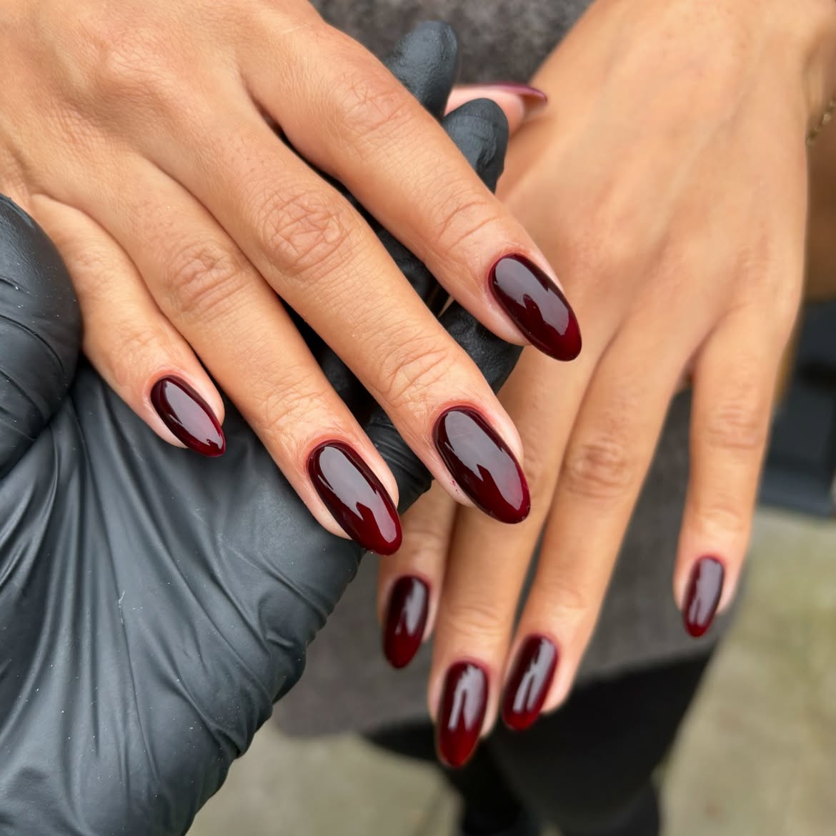 Deep Cherry Red Glossy Almond Nails