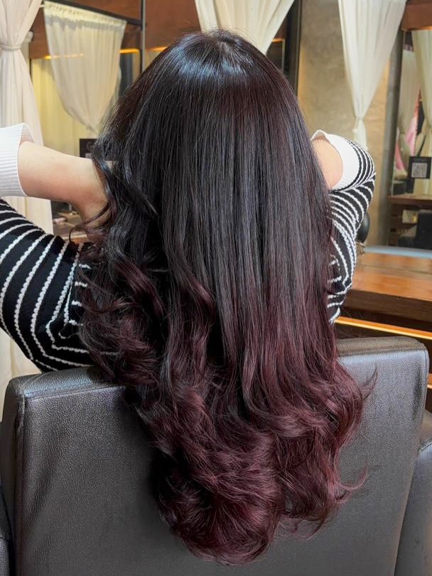 Deep Cherry Red Ombre On Long Layered Brunette