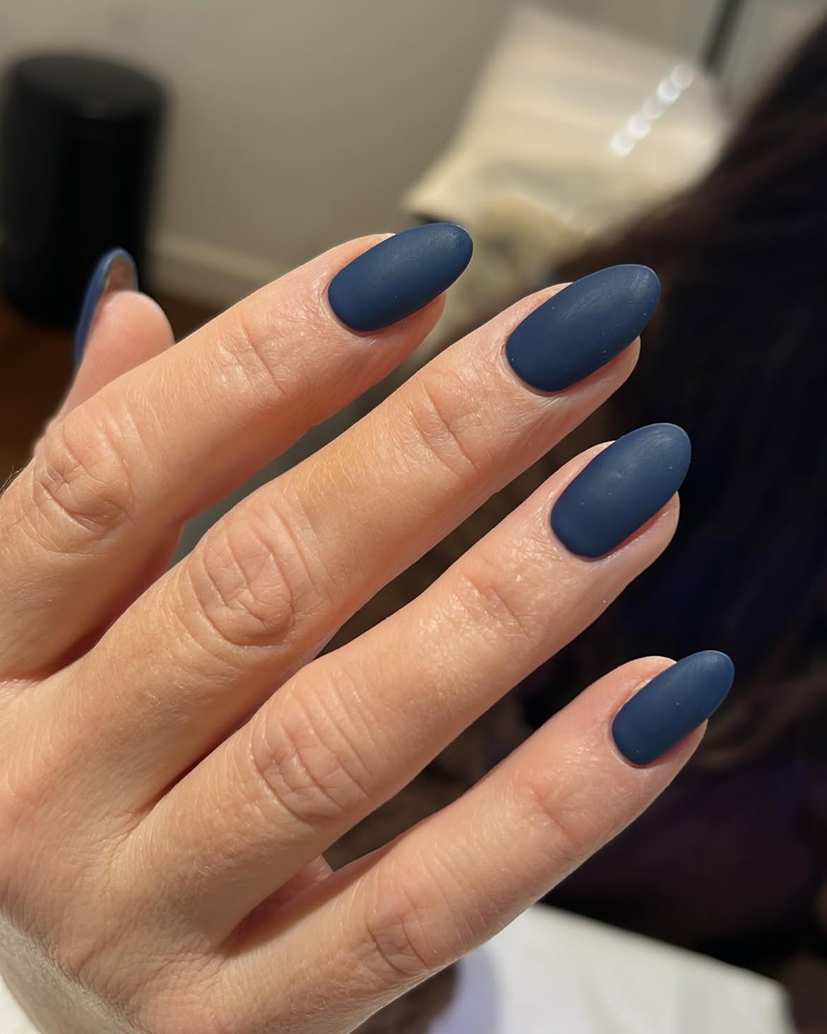 Deep Navy Blue Matte Almond Nails
