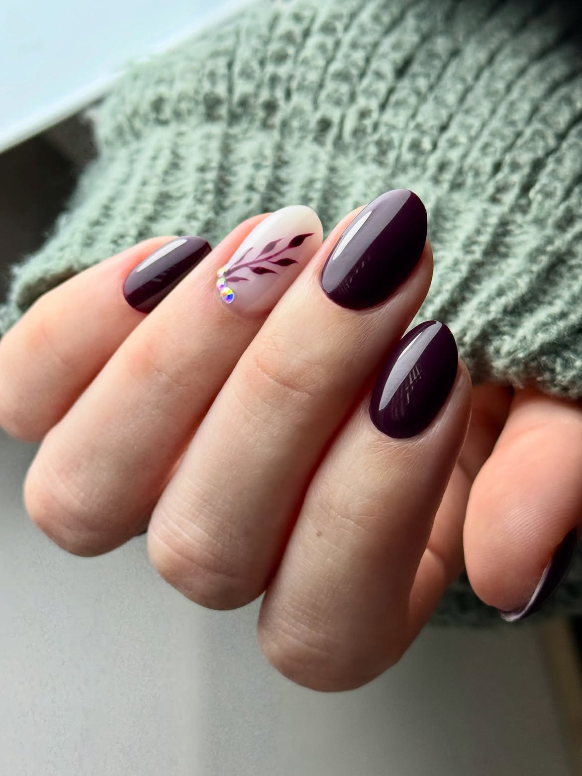 Deep Plum Oval Nails with Autumn Leaf Art