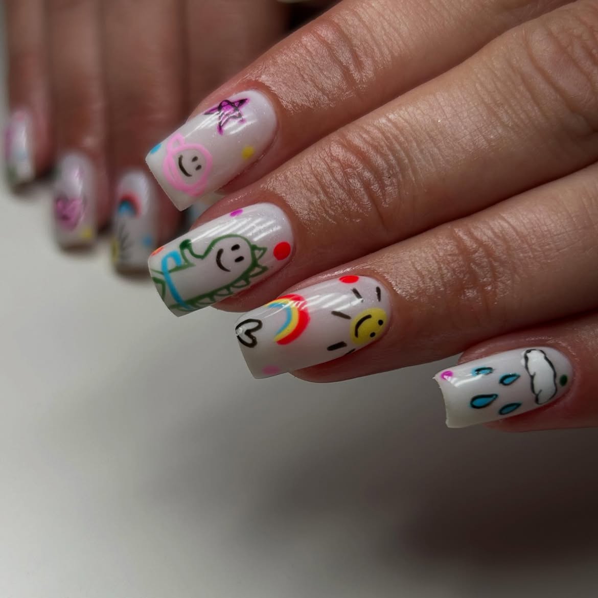 Doodle Art French Tips With Rainbow Smiles