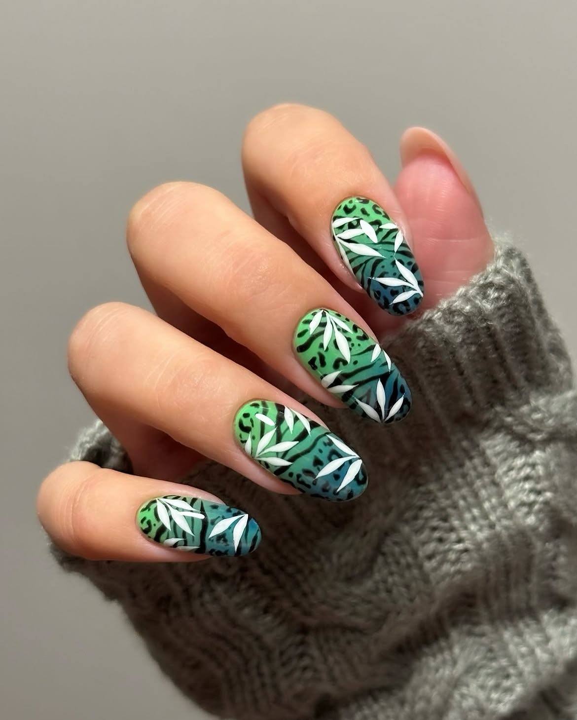 Emerald Jungle Leaf Almond Nails
