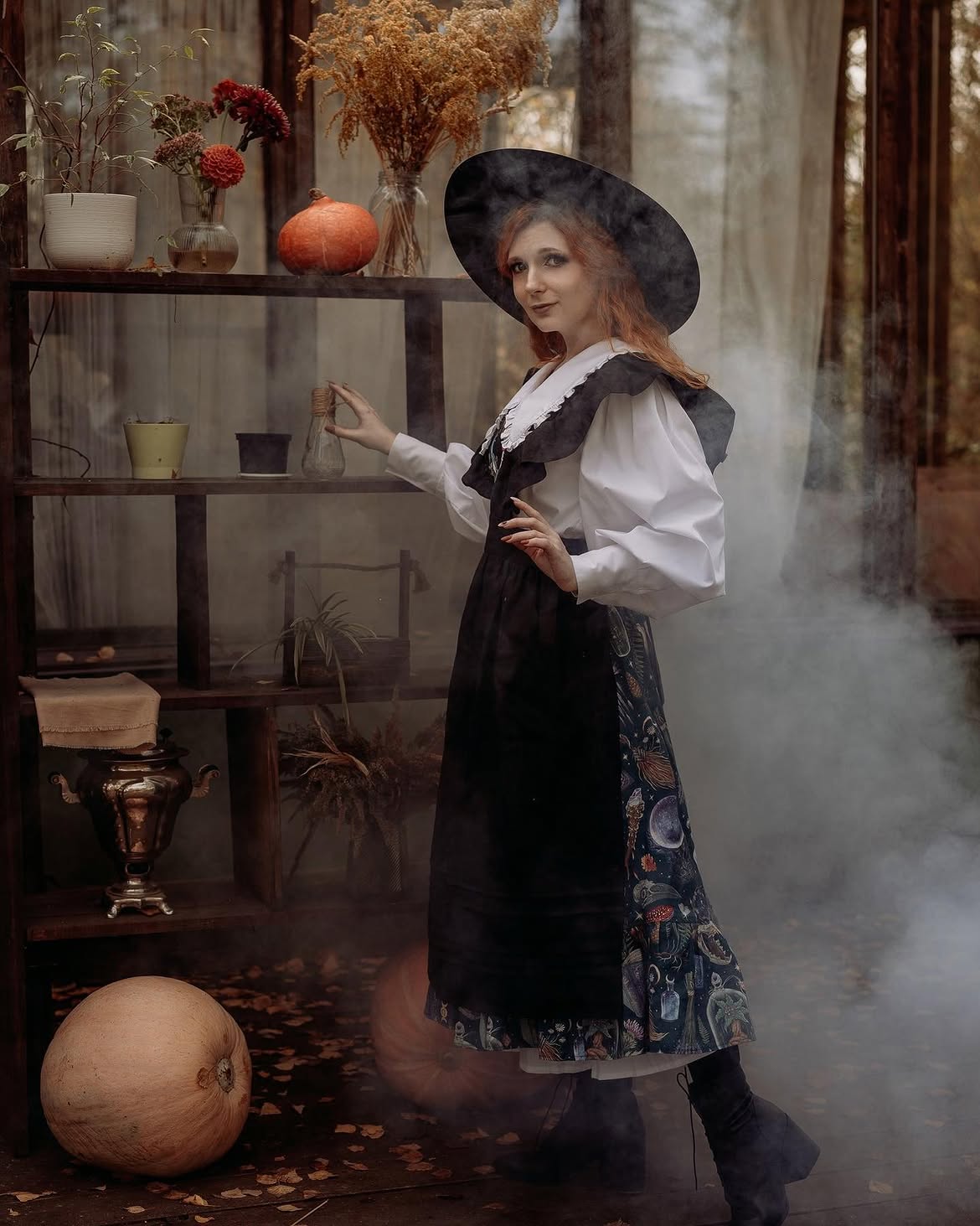 Enchanting Witchy Midi Skirt And Ruffled Collar Look