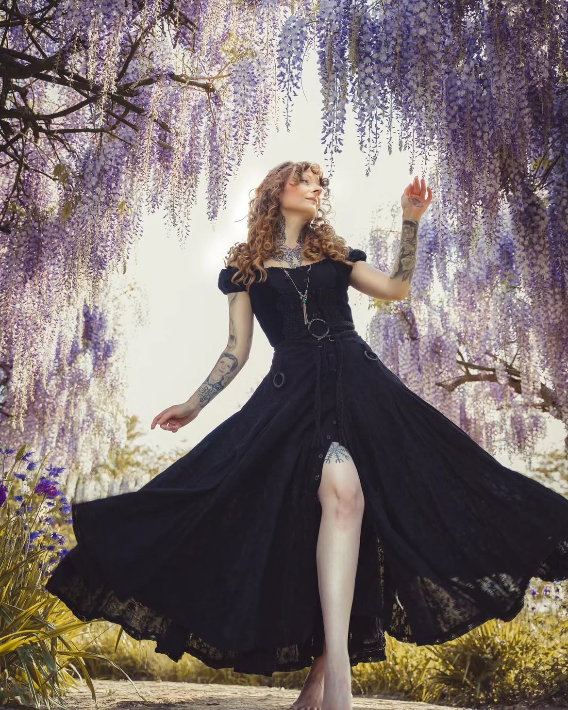 Ethereal Black Lace Maxi Dress Under Wisteria