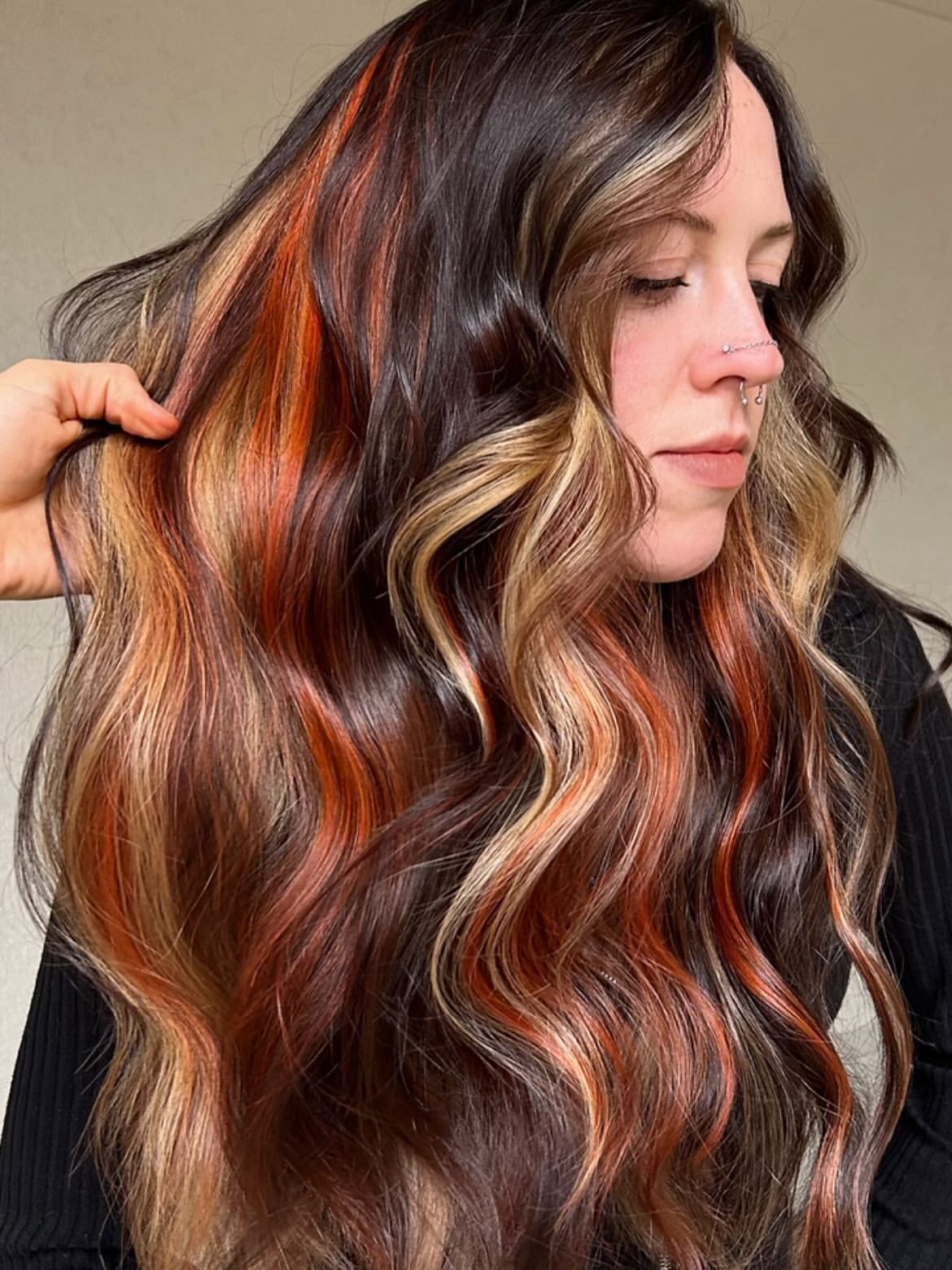 Fiery Auburn Streak Highlights With Warm Blonde