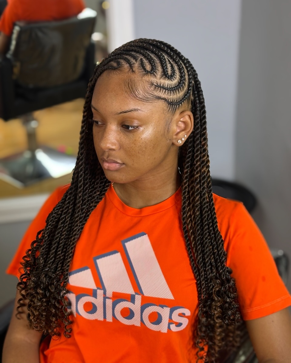 Geometric Part Fulani Braids With Deep Curls