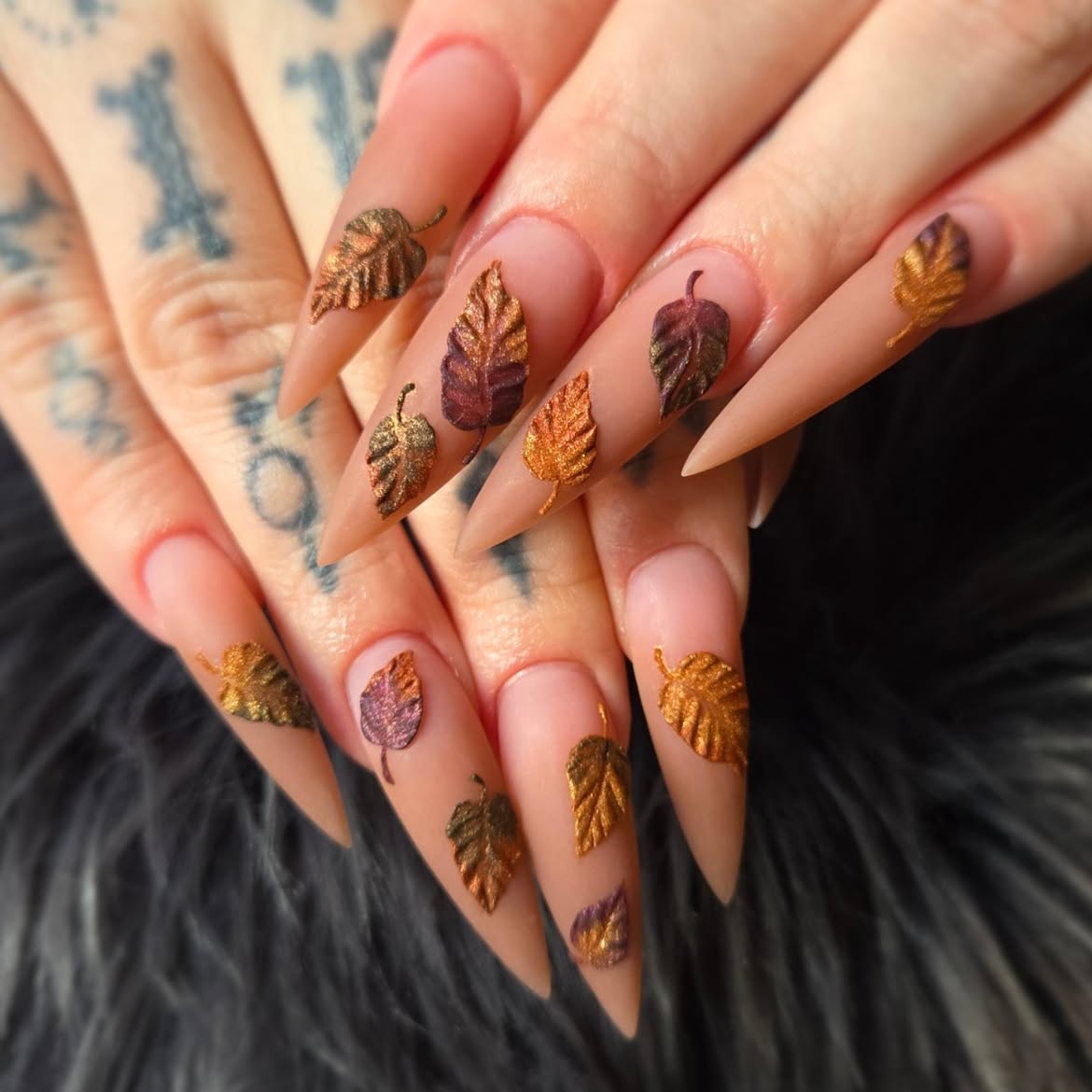 Glamorous Metallic Leaf Stiletto Fall Nails