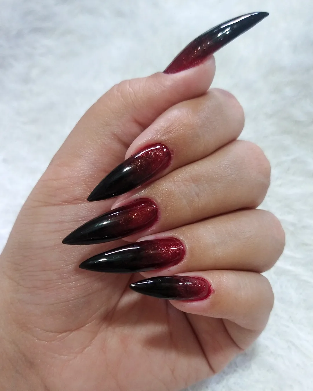 Glossy Black and Red Glitter Ombre Stiletto Nails