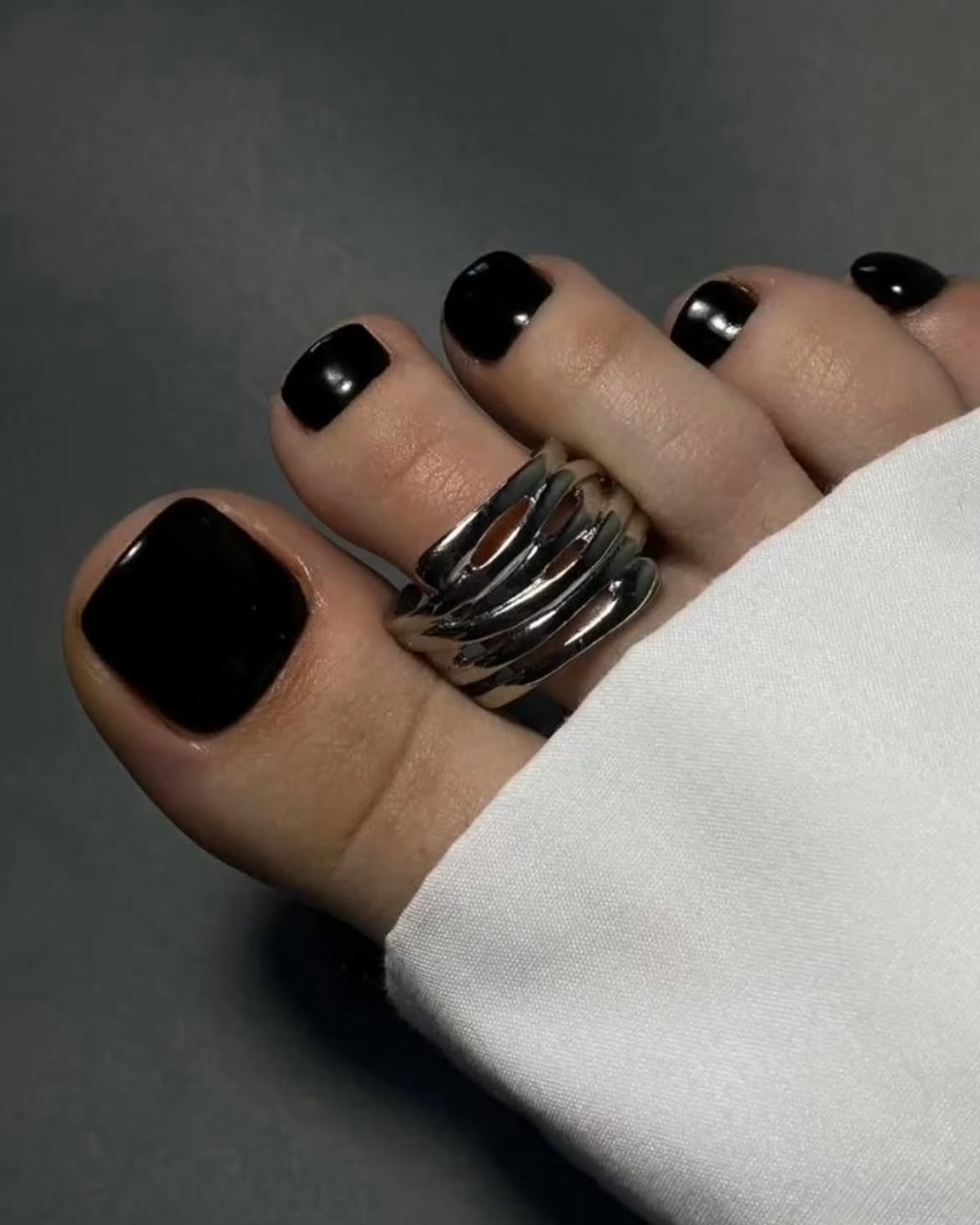 Glossy Black Square Toes with Silver Toe Ring