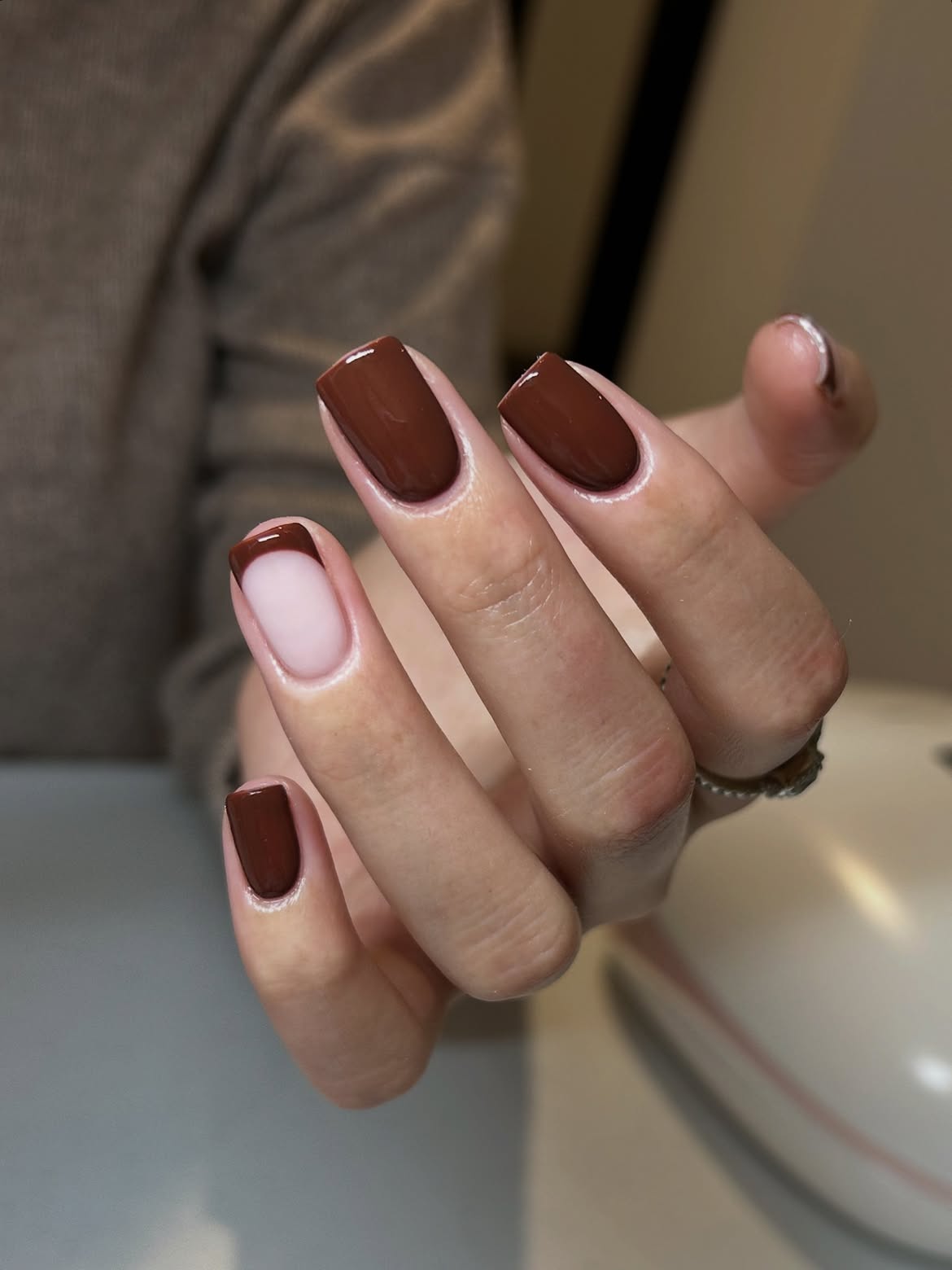 Glossy Chocolate Brown French Tip Nails