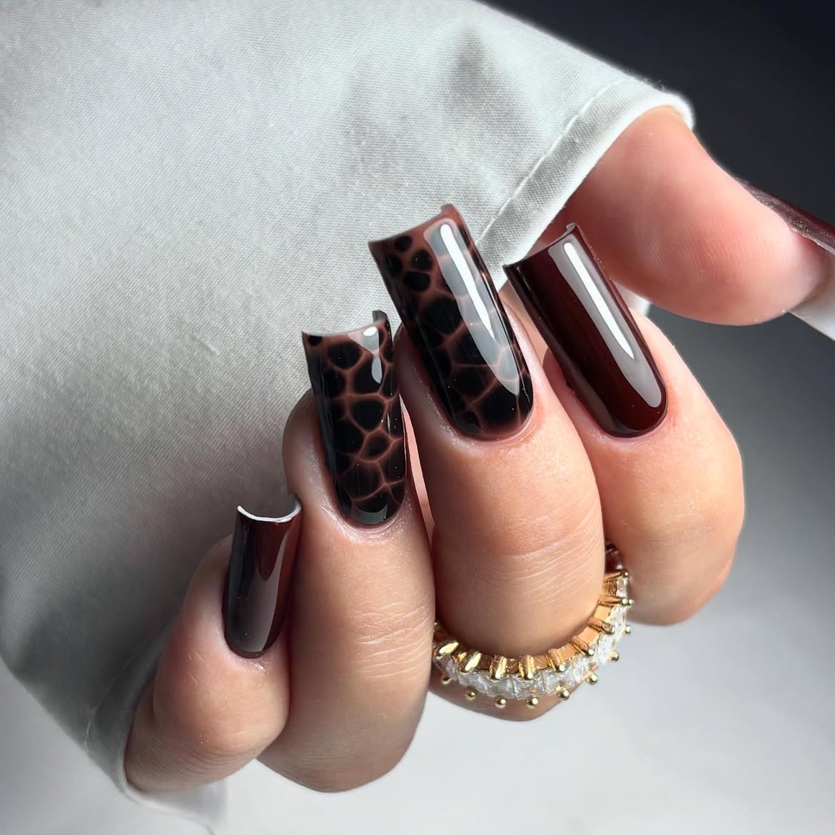 Glossy Chocolate Giraffe Print Square Nails