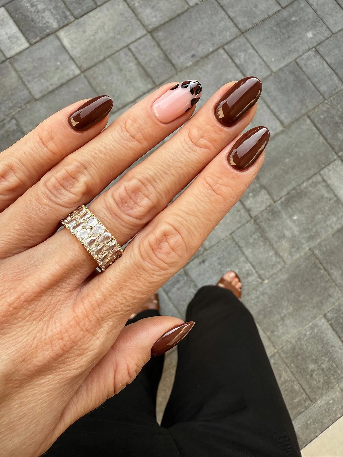 Glossy Chocolate Leopard Accent Almond Nails