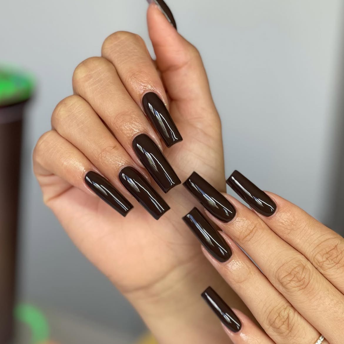 Glossy Dark Chocolate Coffin Nails