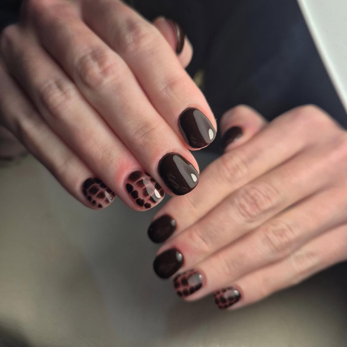 Glossy Dark Chocolate Tortoiseshell Nails