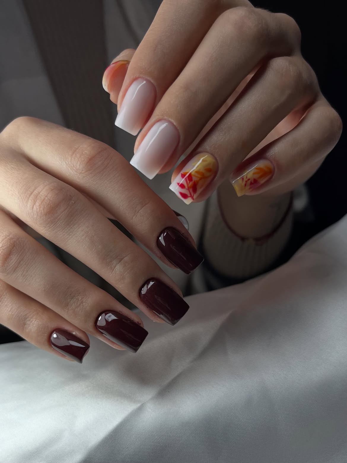 Glossy Deep Burgundy & Fall Leaves Accent Nails