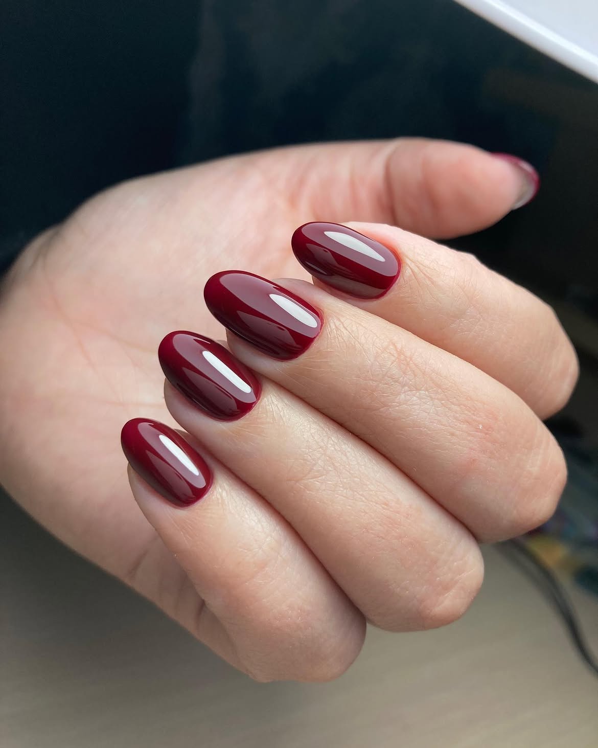 Glossy Deep Burgundy Oval Nails
