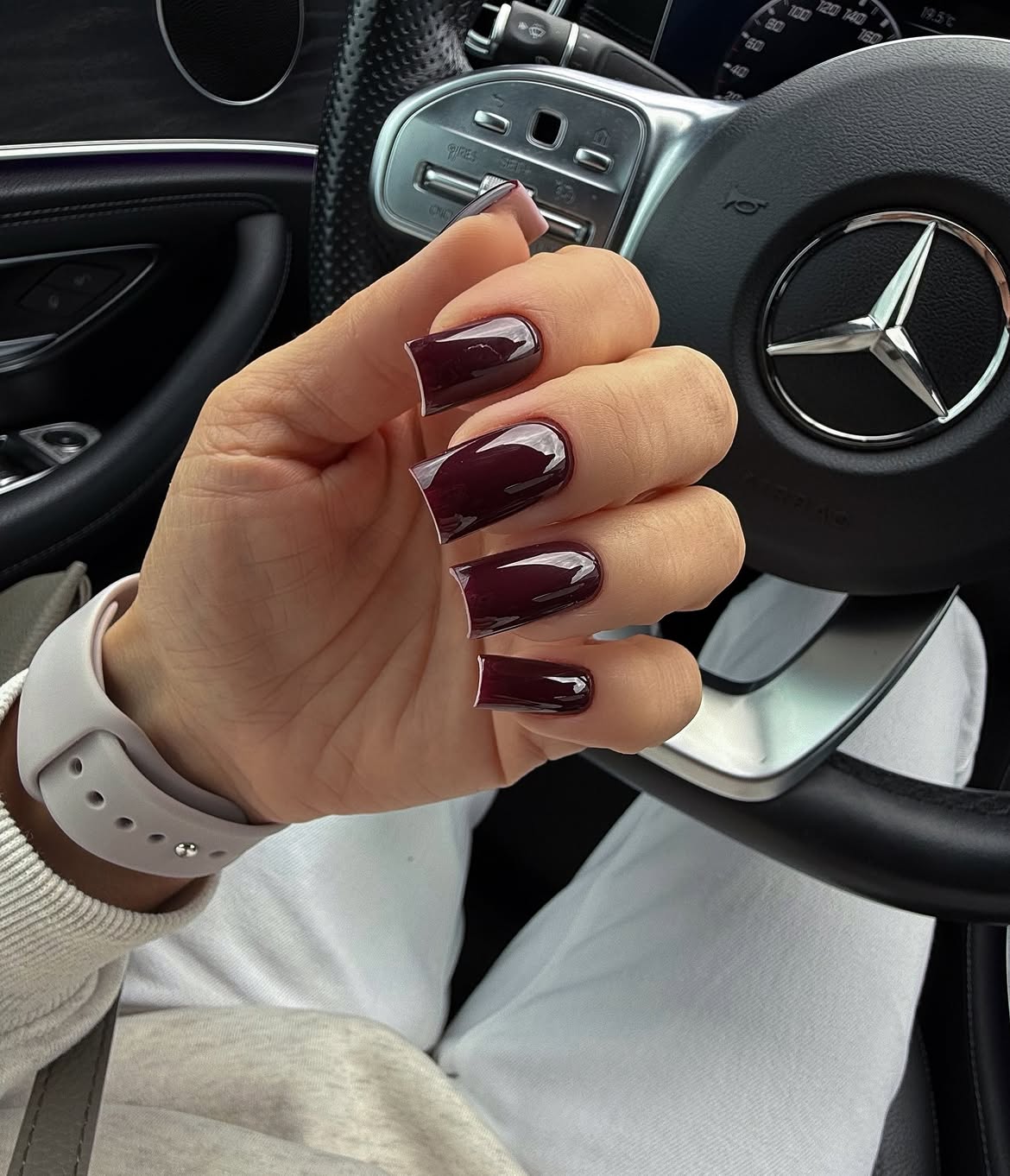 Glossy Deep Burgundy Square French Tip Nails