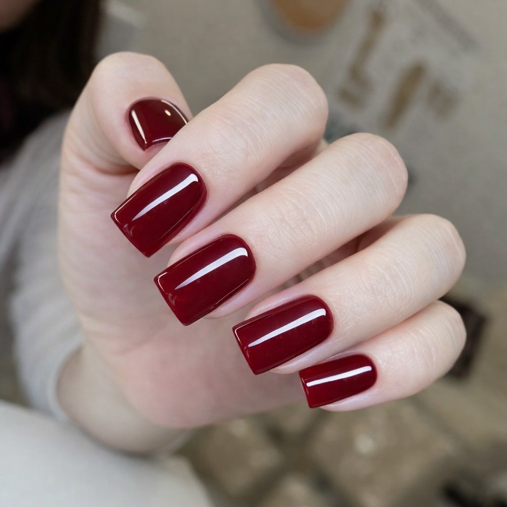 Glossy Deep Burgundy Squoval Nails