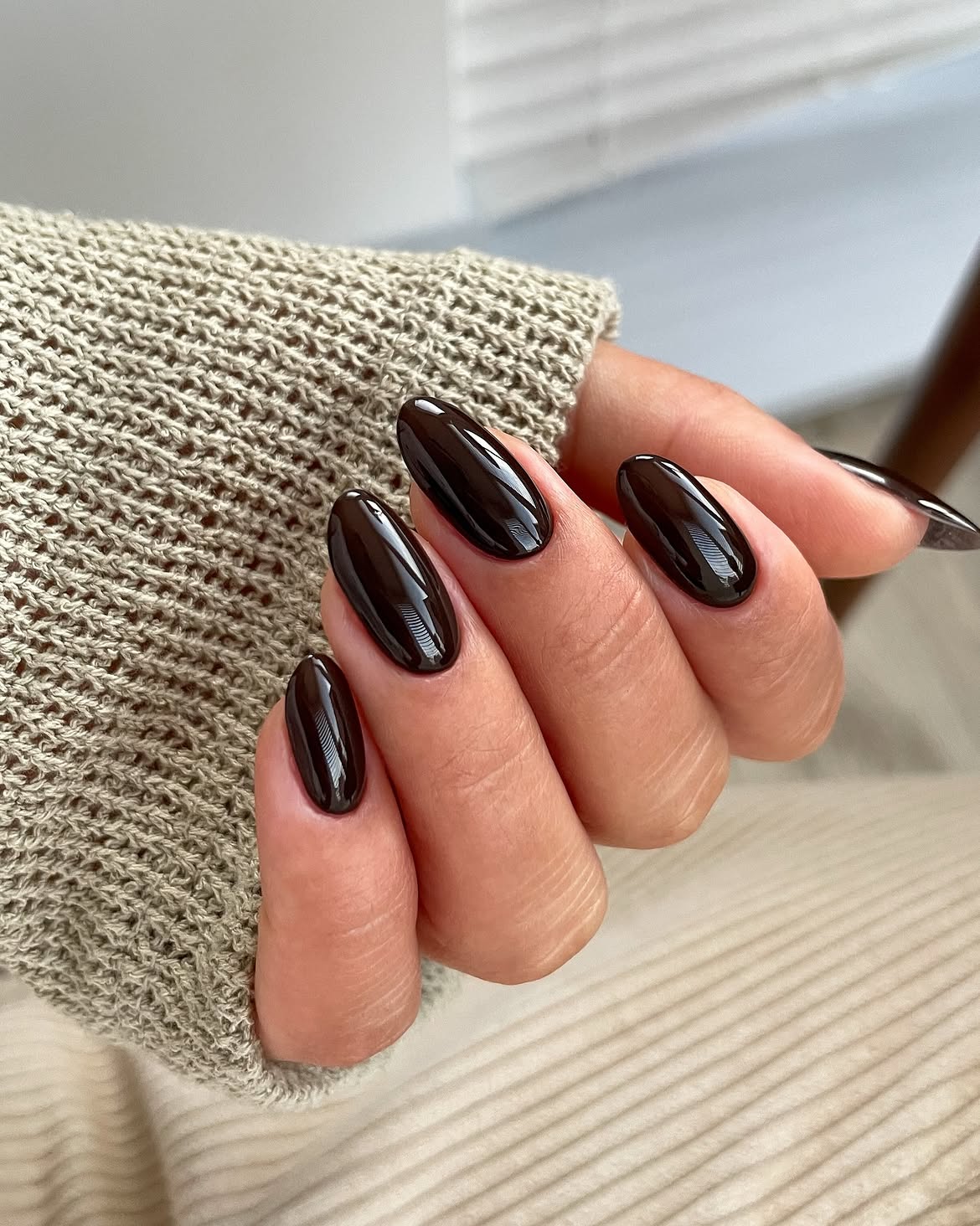 Glossy Deep Chocolate Oval Nails