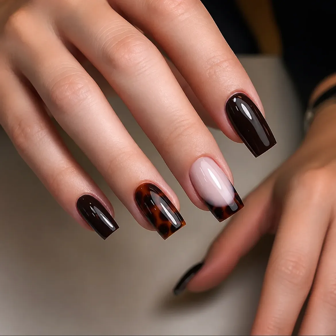 Glossy Tortoiseshell and Deep Brown French Tips